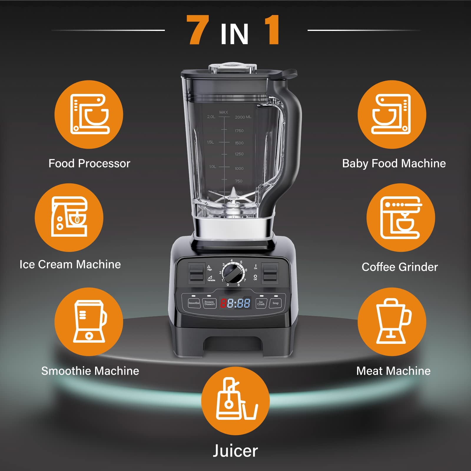 Kisdream Smoothie Blender 1450 W 2L 8-Speed Blender, Black