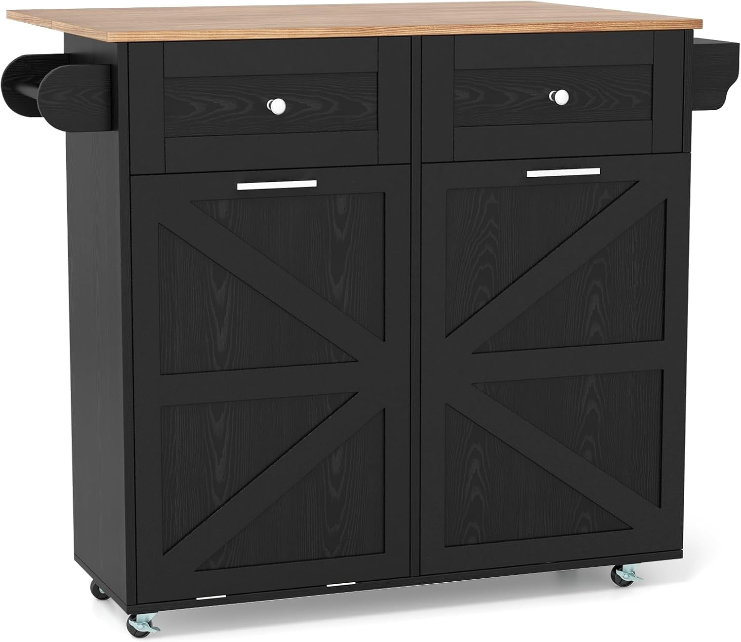 SILKYDRY Rolling Kitchen Island with Trash Can Storage Cabinet, Drop Leaf Breakfast Bar Table, Towel Holder, 2 Drawers & Door Racks, 4 Rubber Wheels, Wood Island Table for Kitchen (Black)