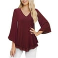 thumbnail image 2 of Babysbule Womens Tops Long Sleeve Womens Summer Fashion Solid Print Double Mesh Shirt 3/4 Flared Sleeve V-Neck Tunic Blouse Tops, 2 of 4