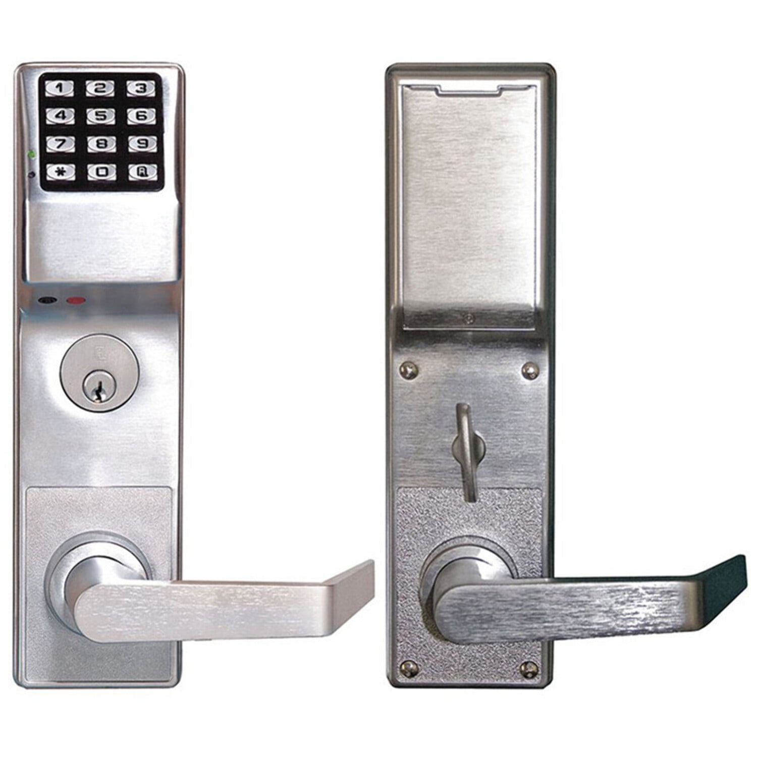 Alarm Lock DL4500DBR US26D Pushbutton Mortise Lock with Deadbolt 2000 Users  40000 Event Audit Trail Weatherproof Straight Lever Right Hand or Left Hand  Reverse Satin Chrome