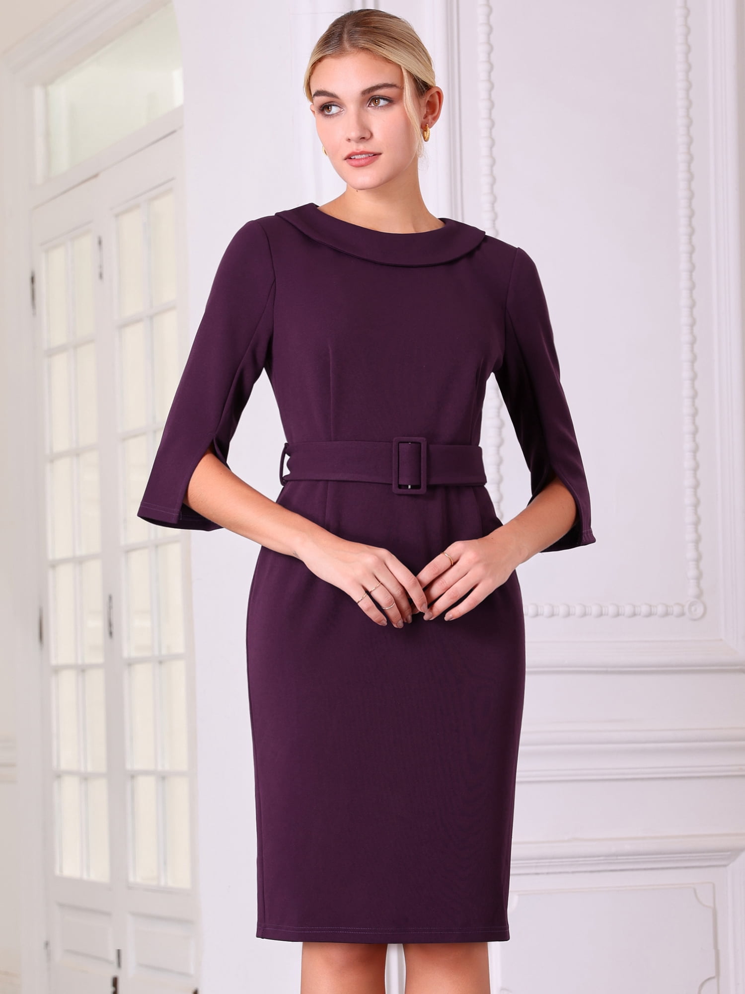 DARING DIVA Vintage Sheath Half Sleeve Collared Pencil Dress M Purple