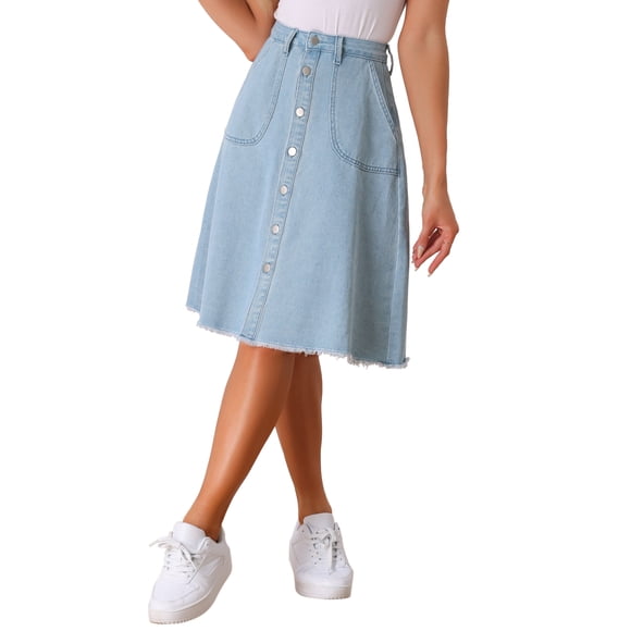 INSPIRE CHIC Women's Denim Skirt Raw Hem Button Down A-Line Midi Jeans Skirts XS Light Blue
