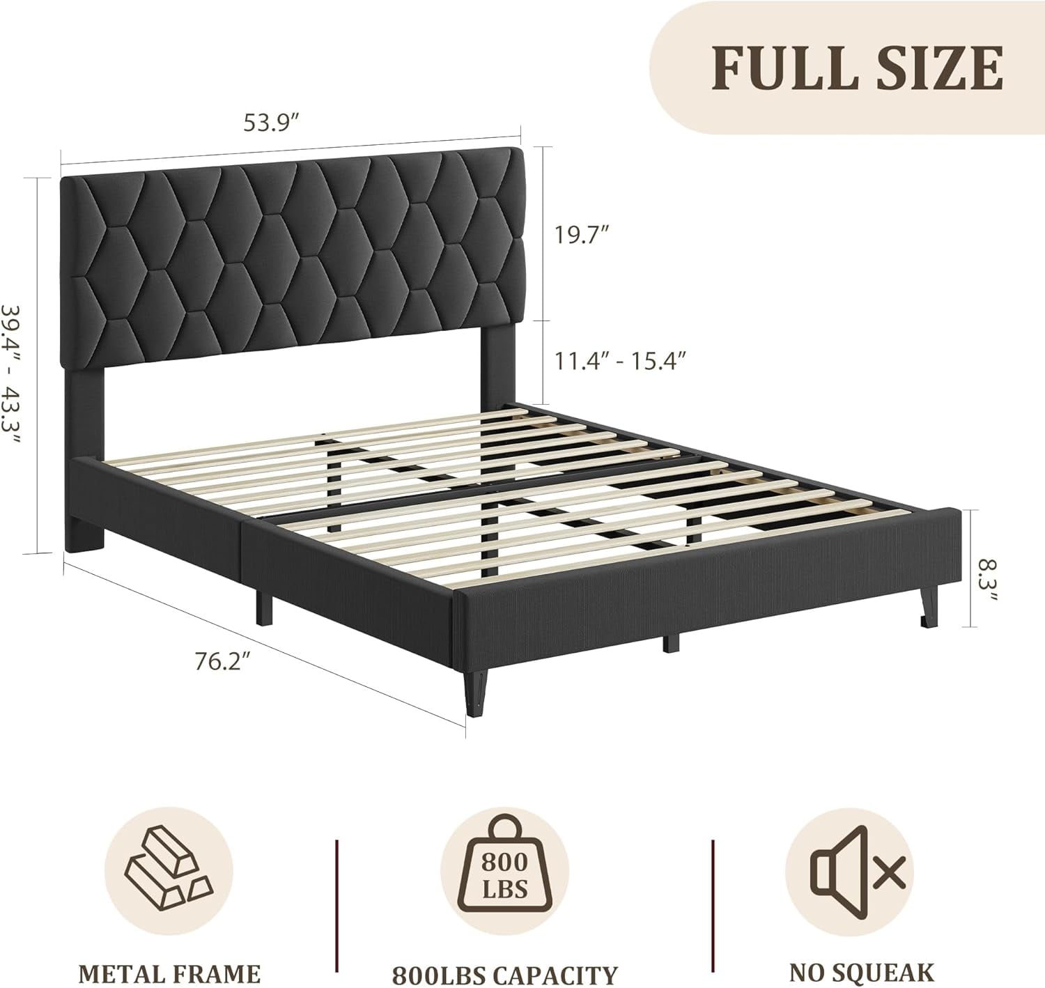 IDEALHOUSE Grey Queen Bed Frame with Upholstered Headboard, Heavy-Duty Platform Bed Frame with Strong Wood Slats, No Box Spring Needed/Easy Assembly/Noise Free