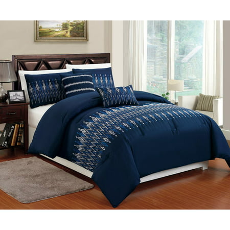 High Quality Brushed Microfiber 5-pc Navy Blue Comforter Bedding Set with White & Blue Embroidery Design,