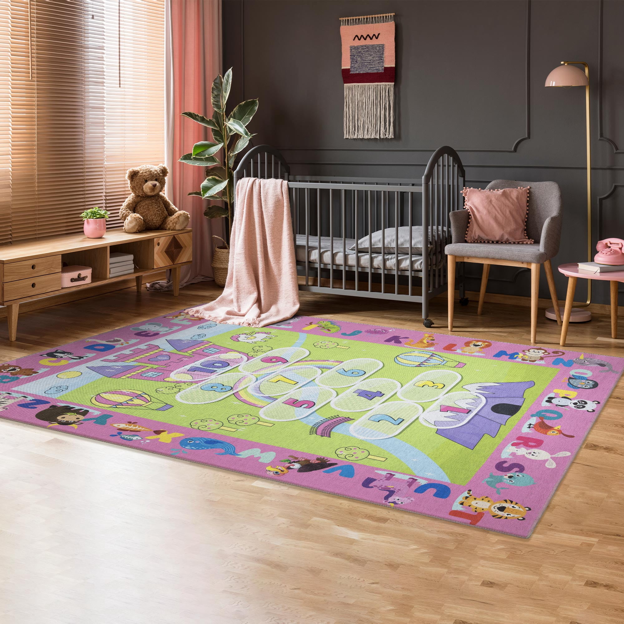 Ottomanson Washable Flatweave Kids Hopscotch Princess 5x7 Play Mat Area Rug, 5' x 7', Pink