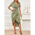 thumbnail image 2 of Satin short-sleeved wrap-style cross-neck dress, long and irregular design., 2 of 5