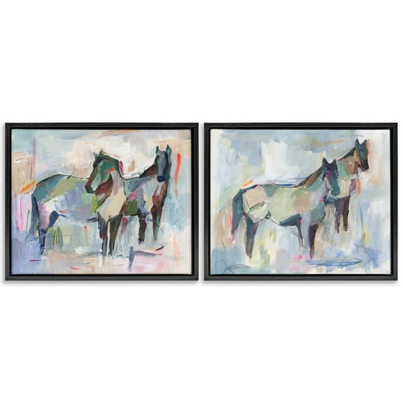 Stupell Industries Ambiguous Horse Visages Animals Painting Black Floater Framed Canvas Art Print Wall Art, 21 x 17, Set of 2