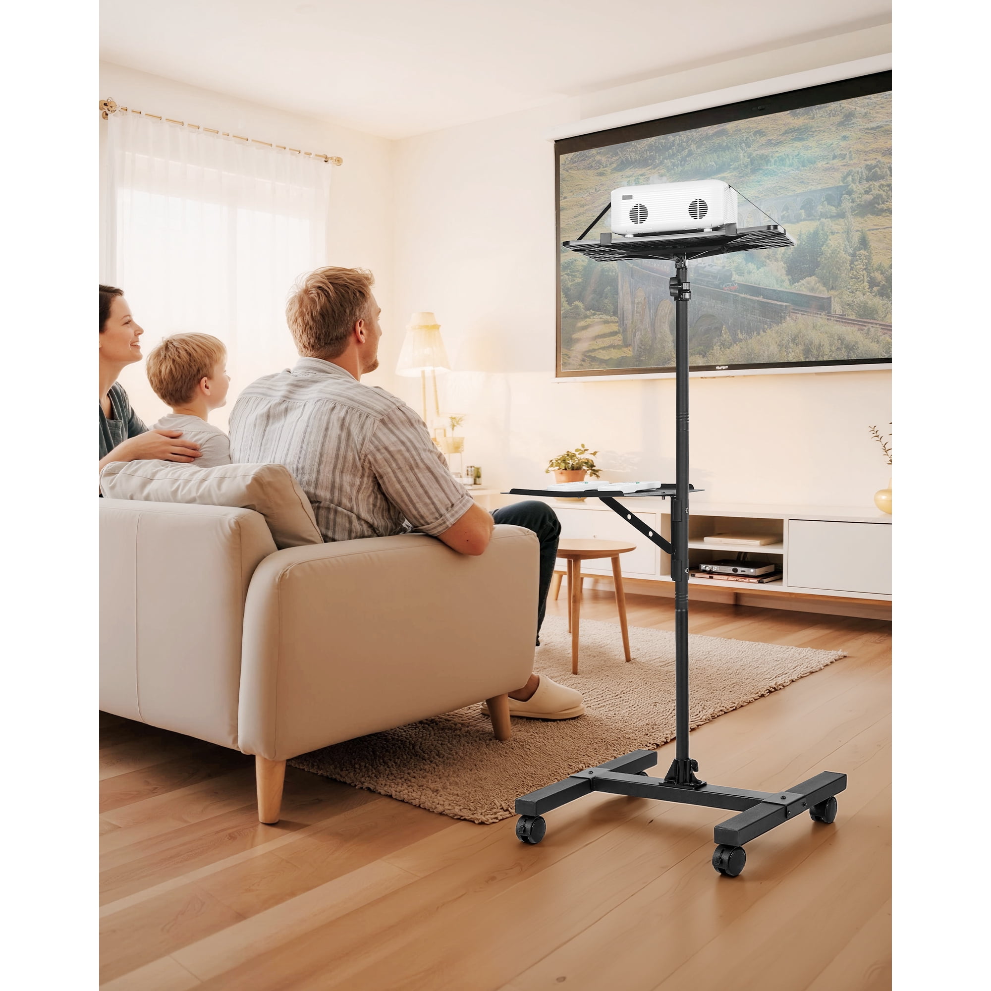 KFFKFF Adjustable Projector Stand with Dual Shelves, Height Range 33.86 to 53.54 Inches, Sturdy Tripod Design for Laptops, Projectors, and Presentations