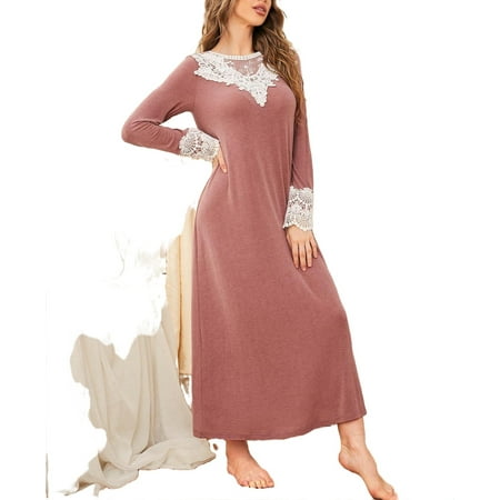 

Elegant Colorblock Round Neck Sleepshirts Dusty Pink Long Sleeve Women Nightgowns & Sleepshirts