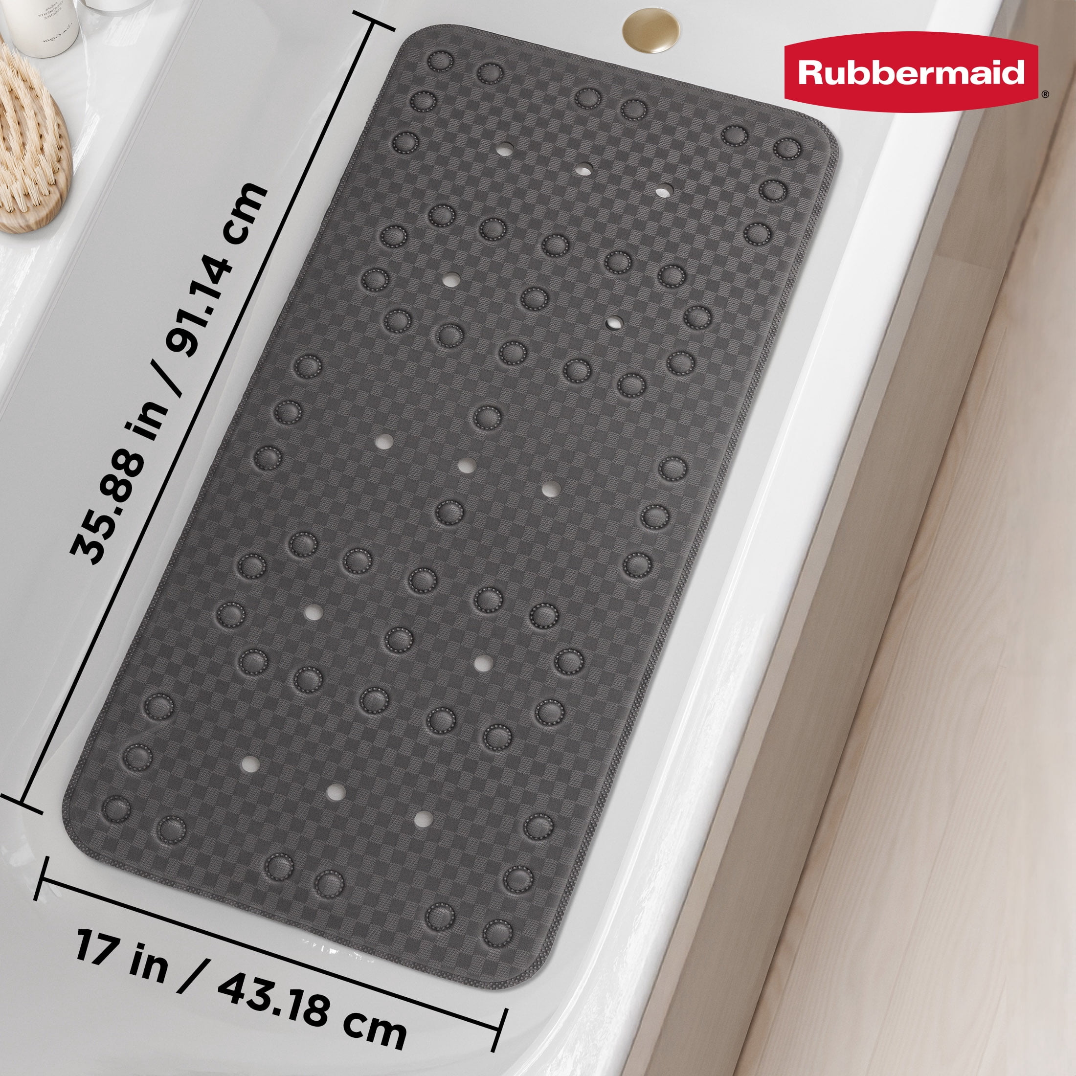 Rubbermaid Soft Foam Tub Mat, Non-Slip Bath Mat with Quick-Drain Holes, BPA-Free TPE, 35.88" x 17", Grey