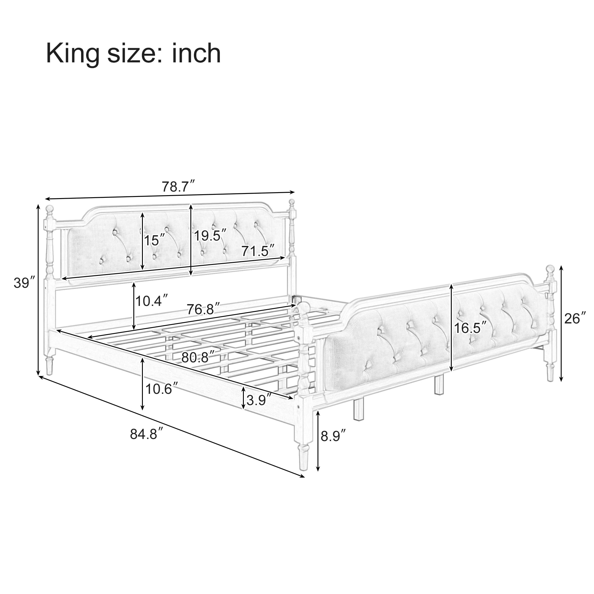 MAYEERTY King Traditional Solid Wood Bed Frame Upholstered Tufted Headboard for Bedroom Antique White