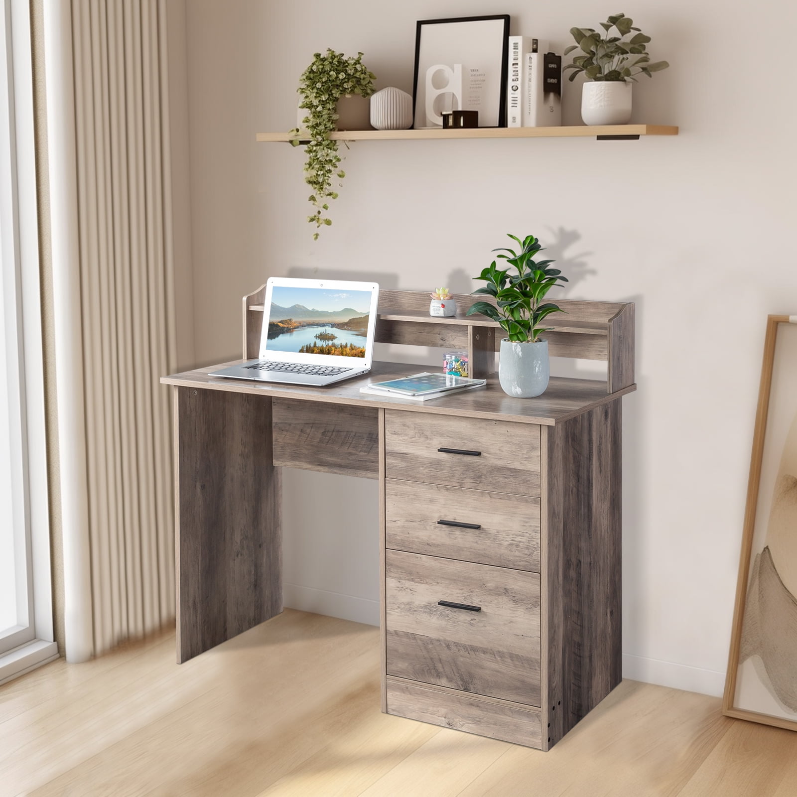 Ktaxon Gaming Desk with 3 Drawers, Computer Desk with Desktop Storage Rack&Anti-slip Separator for Home Office, Oak