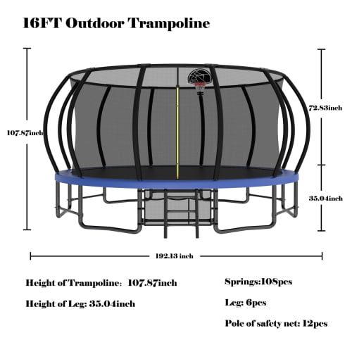 Leumius Trampolining Outdoor Trampoline, 16 ft Round Frame, 12 Curved Poles, Ladder & Basketball Hoop, 1323 lb Total Capacity, 330 lb Single User