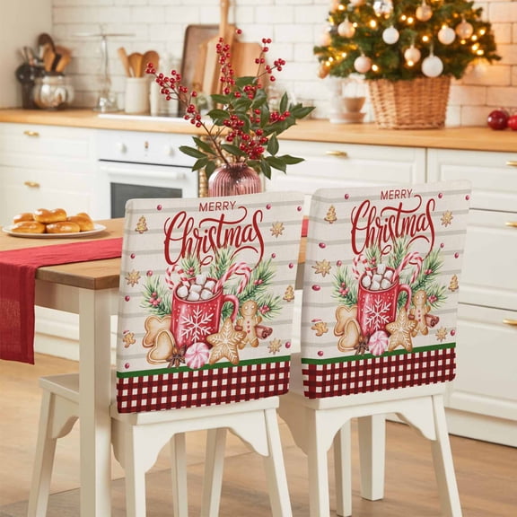 Merry Christmas Chair Covers Set of 4 Hot Cocoa Gingerbread Man Vintage Plaid Chair Back Covers Stretch Removable Washable Slipcovers Protector for Dining Room Kitchen Party Decor