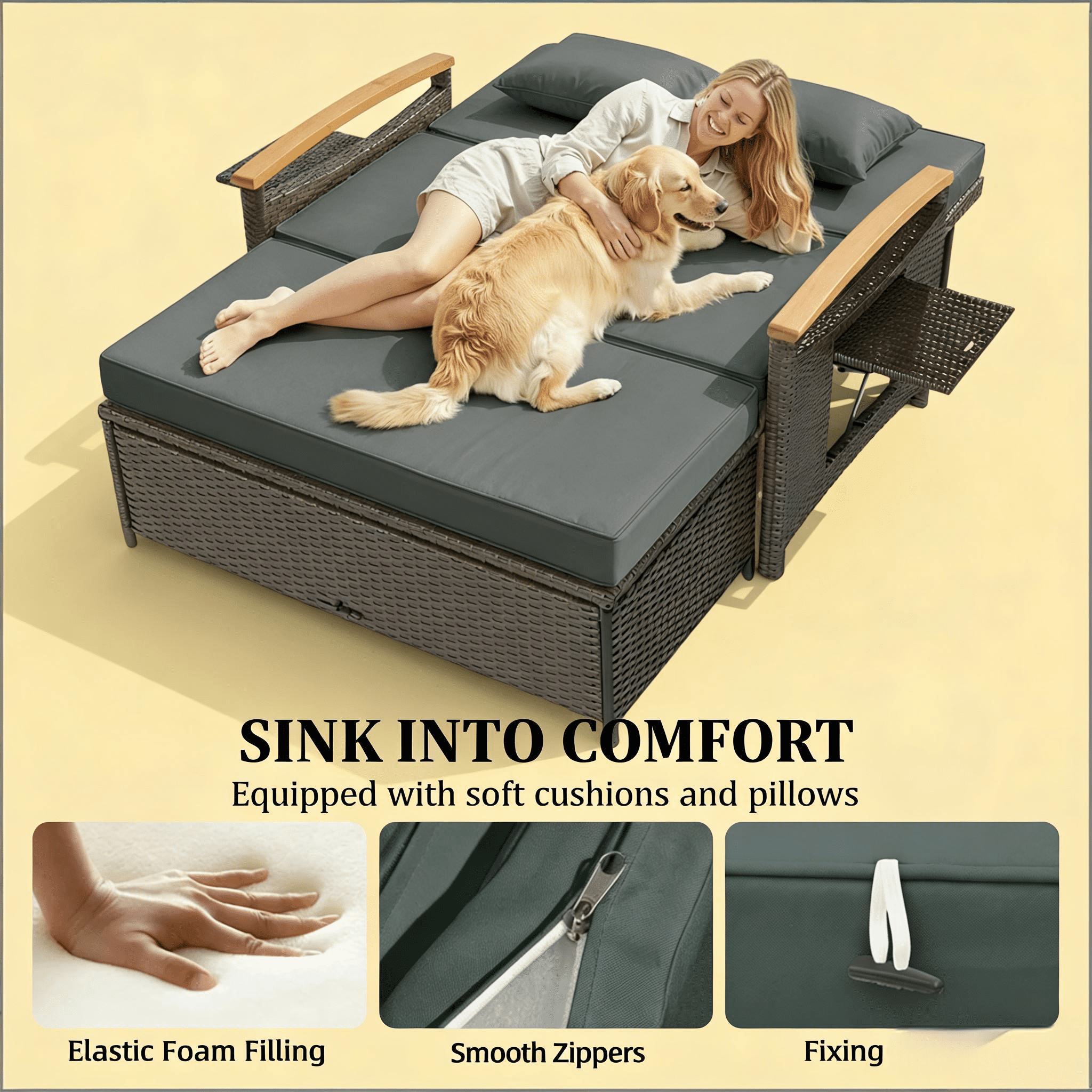 4-in-1 Rattan Outdoor Daybed with 4-Level Adjustable Backrest, Storage Ottoman and Side Tables