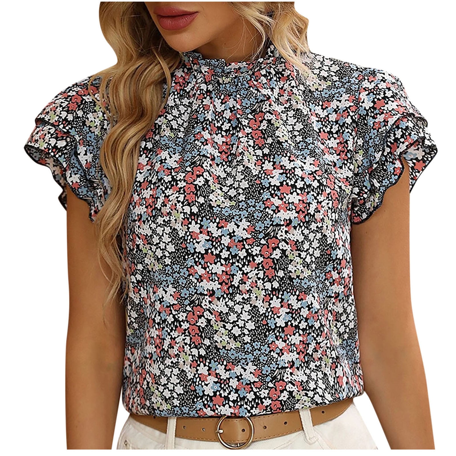Yuyuzo Women s Casual Summer Tops Ruffle Short Sleeve Mock Neck Fashion Floral Boho Beach Tees Blouse Shirts Tunic Tops Other