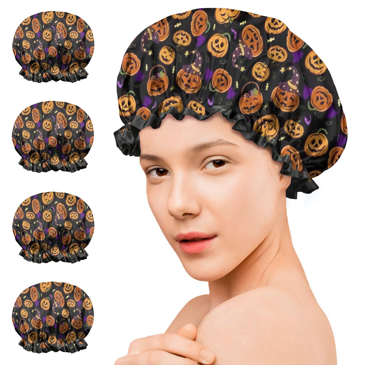 Shower Caps,Halloween Pumpkins with Witch Hats Waterproof Shower Cap for Women 4 Pieces,Double Reusable Hair Cover for Shower PEVA Elastic Stretch Hem