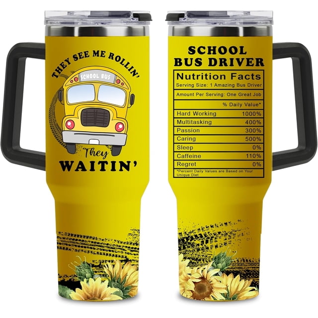Cadeaux de Reconnaissance pour Conducteur d'Autobus pour Hommes Femmes, Cadeaux, Cadeaux de Rentrée Scolaire pour Enfants, Gobelet Conducteur d'Autobus 40oz avec Poignée et Paille