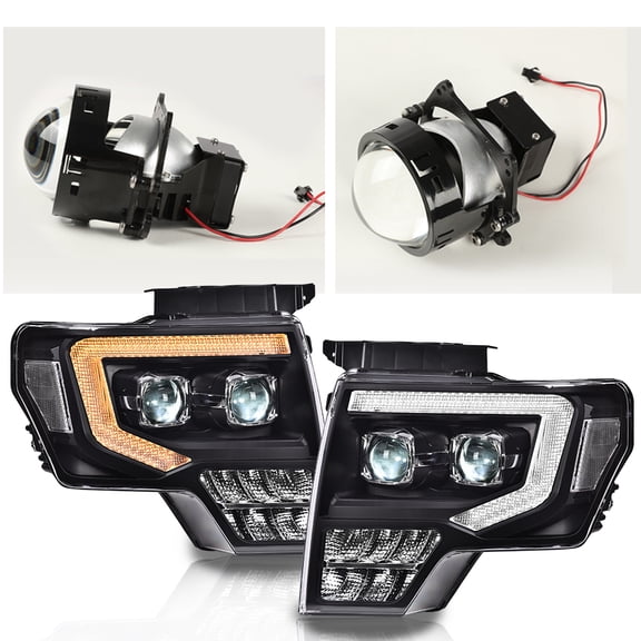 LED Tube Dual Projector Headlights Fit for Ford F150 2009-2014(Only Fit LED Style) Bumper Headlamp Clear Lens Chrome Housing Amber Reflector faros delanteros