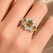 Adjustable Green CZ Ring for Women, Gold Tone Copper Cluster Ring