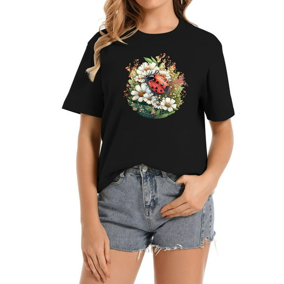Cute Cottagecore Floral ladybug Aesthetic Girl Wom Trendy Graphic Tees for Women, Comfortable Short Sleeve Shirt with Personality Print