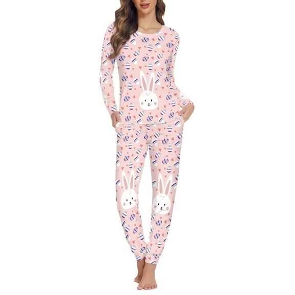 Renewold Soft Pajamas Tops and Pants Matching Set of 2 Heart Rabbit Crew Neck Sleepwear Easter Egg Women Nightwear Size M Casual Outdoor Walking Outfits Loungewear