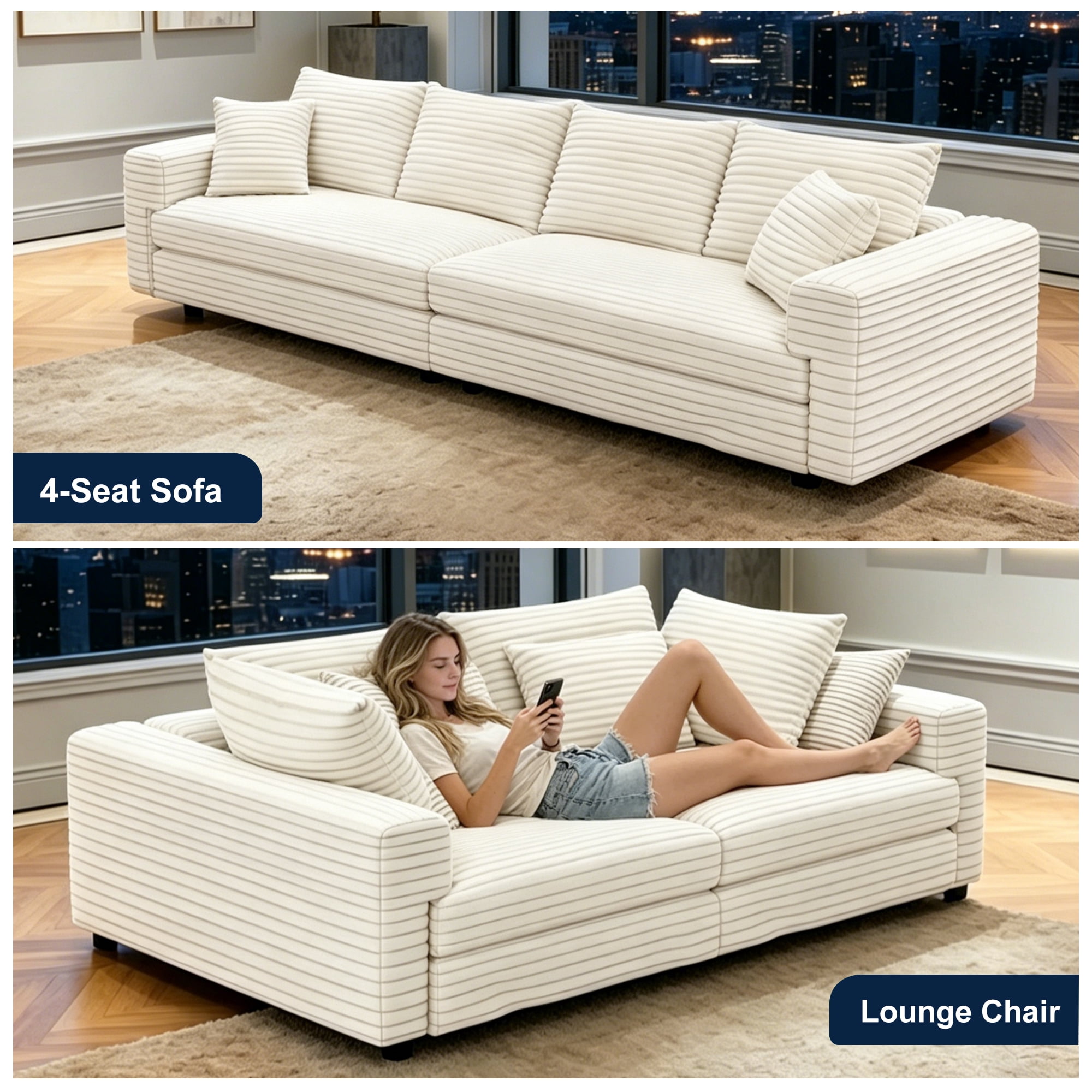 BSHTI 104.3" Corduroy Fabric 4 Seat Sofa with Double Chaise, 4 Seater Sofa Convert to Extra Deep Seats, Neche Comfy Upholstered Couch for Living Room, Beige White, 2 Pillows, Beige