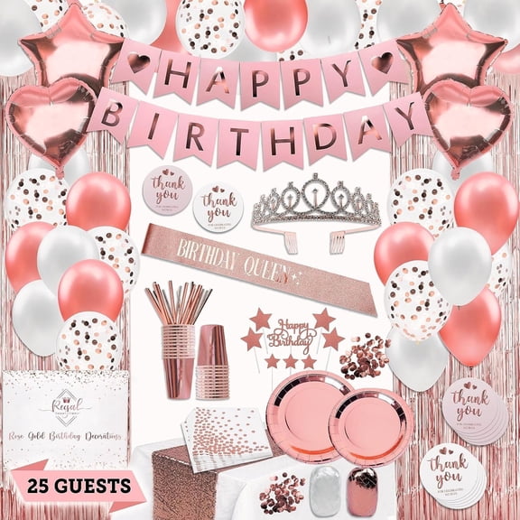 225-Piece Rose Gold Birthday Party Decorations Kit for Girls and Women, Tableware and Decor for 25