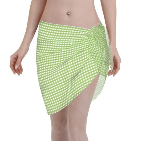 Disketp Green Gingham Women Swimsuit Cover Up Short Chiffon Summer Beach Sarong Bikini Wrap Skirt Bathing Suit