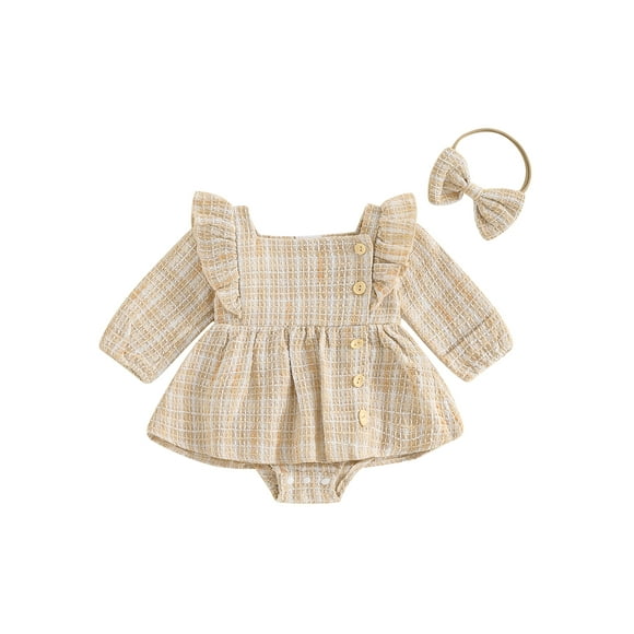 Gupgi Barboteuse-Robe à Carreaux pour Bébés Filles, Vêtements d'Automne pour Nouveau-Né, Mignon Bébé, Manches Longues, Volants, Cache-Couches avec Bandeau