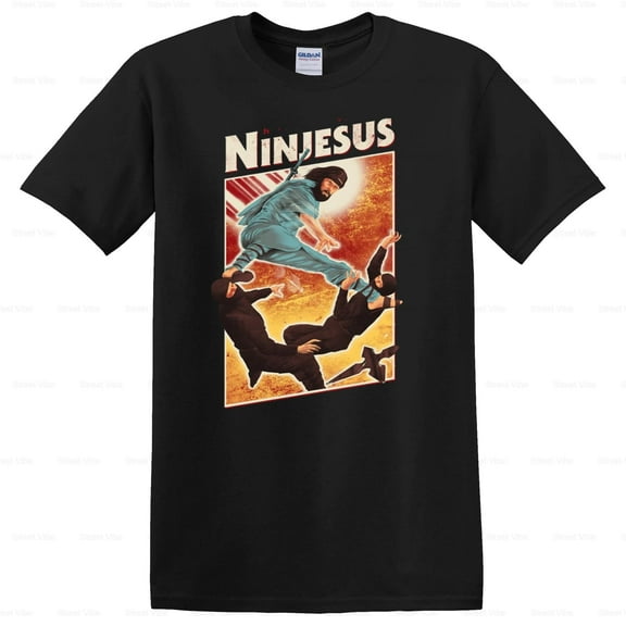 Wéar Ninjesus Funny Ninja Jesus Graphic T-Shirt, for men & women, up to size 5XL.