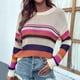 thumbnail image 2 of Suéter de mujer con cuello redondo ahuecado de punto de manga larga a rayas suelta Casual Top para compras de viaje Lady Girls, 2 of 6