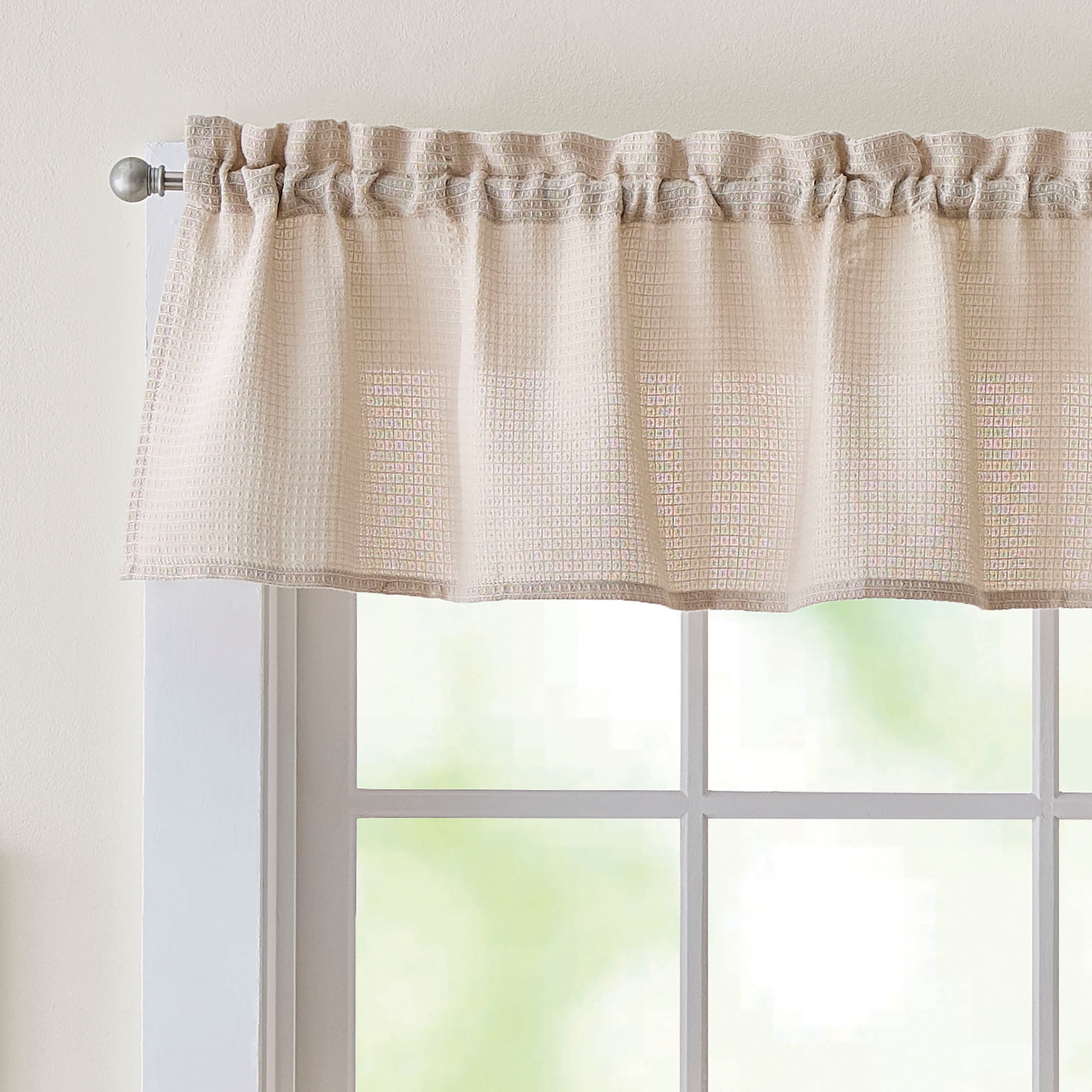 Curtainworks Eldridge Waffle 3 Piece Valance and Tier Set Linen, Indoor, Pole Top, 58" x 14", Adult