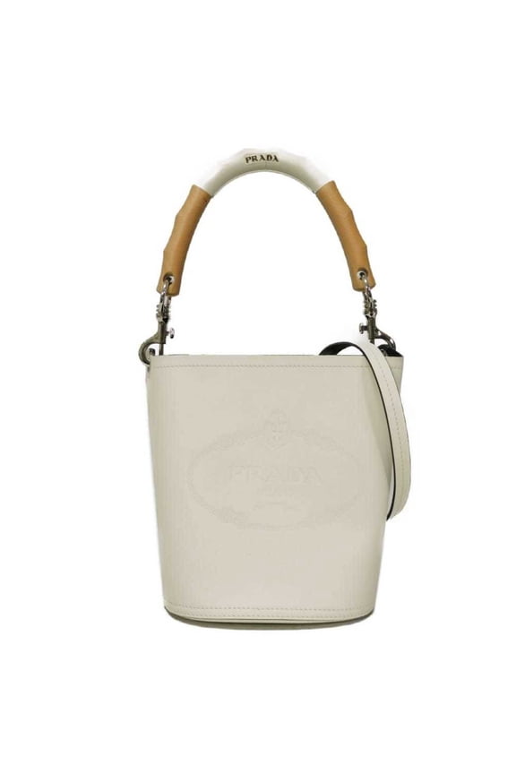Pre-Owned Prada Tambour Bucket Bag, Calfskin Wood Shoulder Bag with RFID IC Embossing, White,...