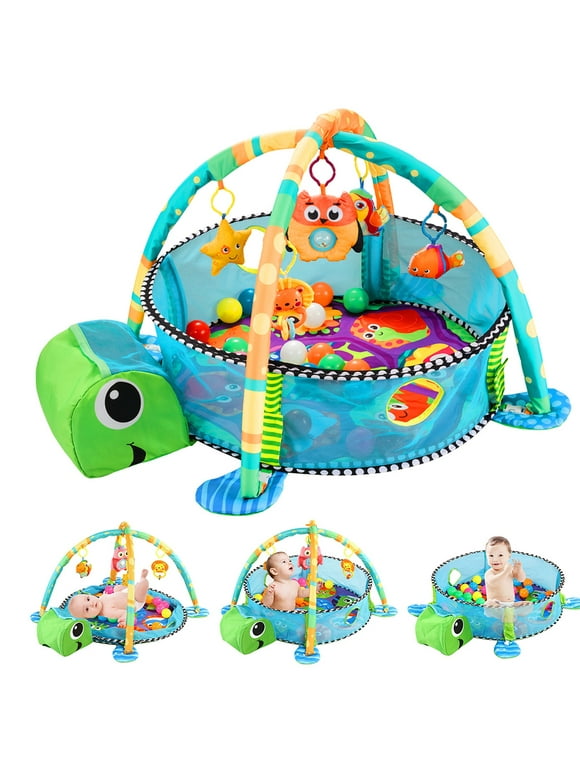 Baby Play Mat, 3 in 1  Baby Play Gym Activity Mat, with Hanging Toys and Ocean Balls,  for Infants Toddlers, Blue Turtle