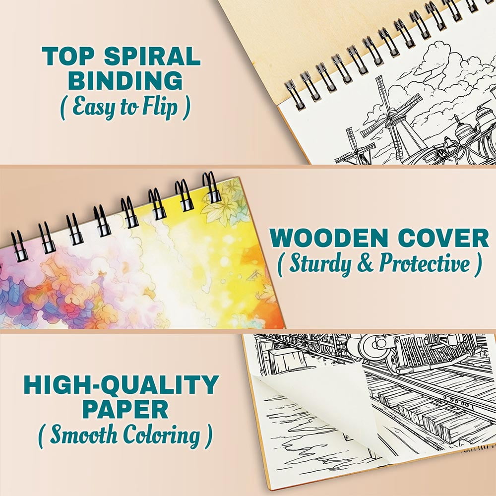 Netecom Train Coloring Book Spiral Bound for Adults and Toddlers, A5 Wooden Cover, 30 Whimsical Railway Coloring Pages of Scenic Journeys for Stress Relief and Relaxation