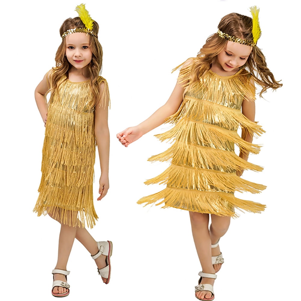 IBTOM CASTLE Kids Girls 1920s Flapper Dress Vintage Sequins Fringe Gatsby  Halloween Party Dress up with Feather Headband 7-9 Years Gold - Walmart.com