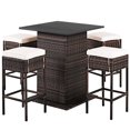 thumbnail image 1 of Patiojoy Ensemble de Conversation en Rotin pour Patio 5 Pcs, Ensemble de Table de Bar en Osier Toutes Saisons avec Tabouret, avec Tablette de Rangement Cachée et Coussins, 1 of 6