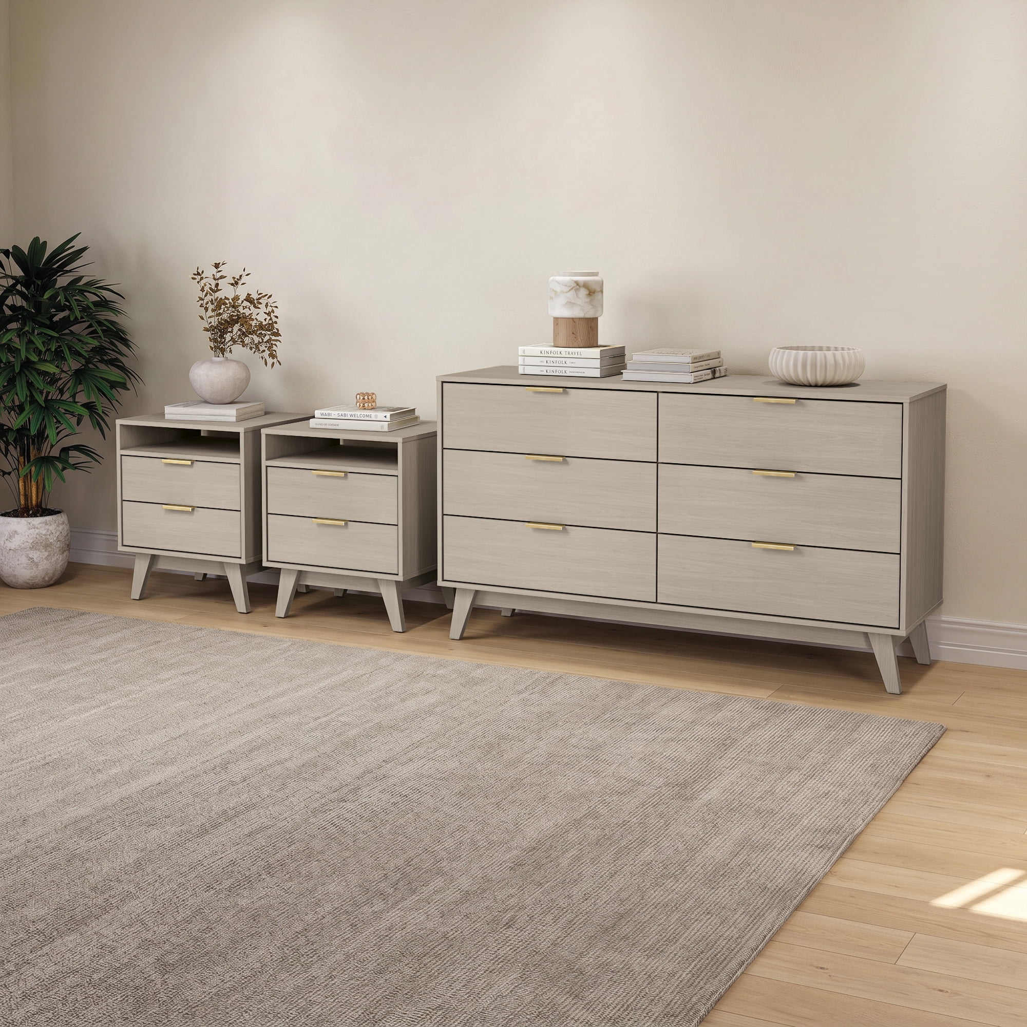 Kappesberg 3-Piece Bedroom Furniture Set with 6-Drawer Dresser and Two Nightstand, Blonde Oak – Modern Bedroom Storage Combo - for Adults and Teens