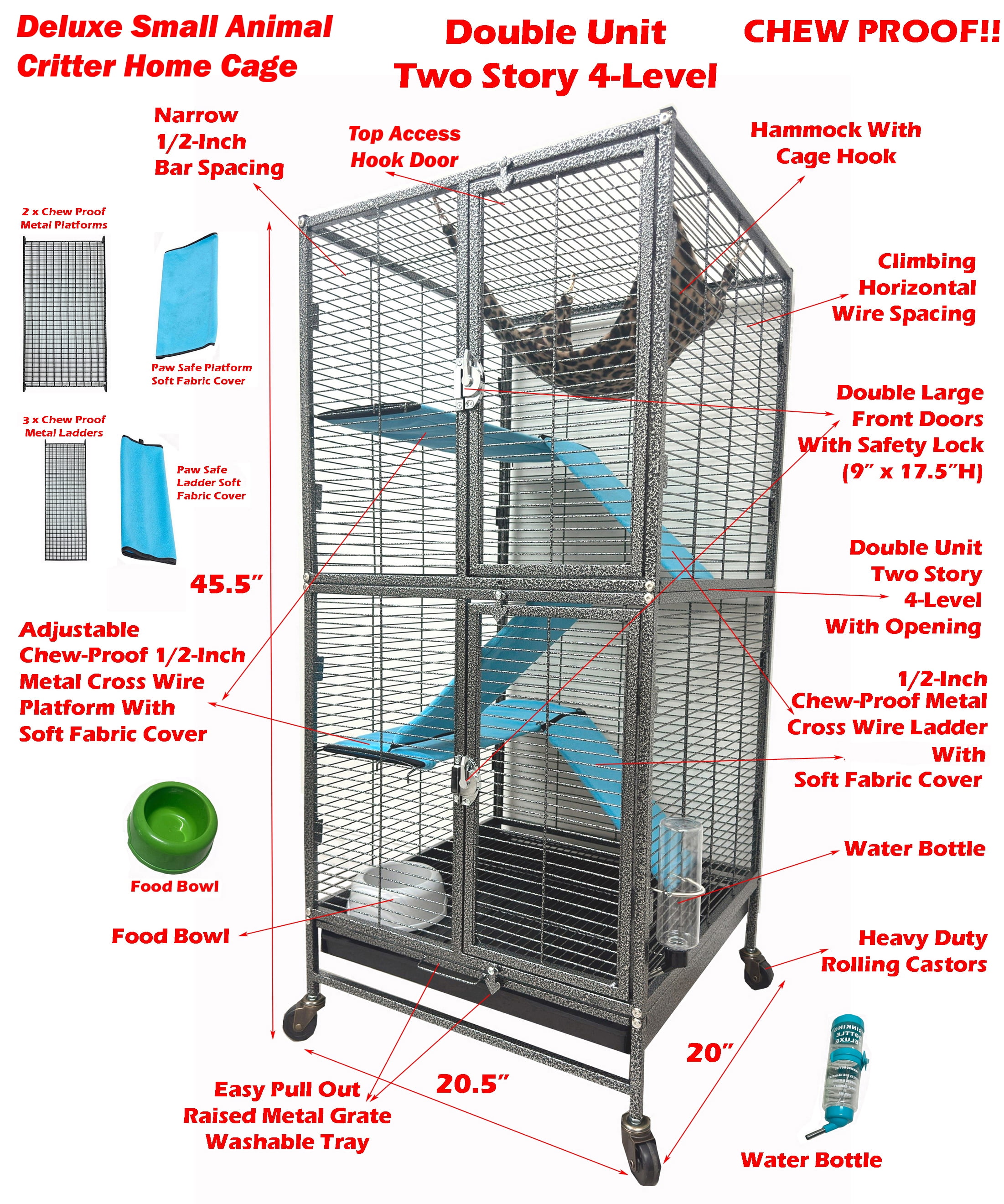 Deluxe Two Story Double Unit 4-Level Small Animal Critter Home Cage Hamster Habitat Mouse Rat Gerbil Tight 1/2-inch Wire Spacing Chew-Proof Rolling Cage for Ferret Hammock Chinchilla Sugar Glider