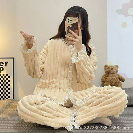 

CoCopeaunt new winter pajamas female facecloth with buttons cardigan stripes cute apricot with lace home wear set pajamas sleepwear