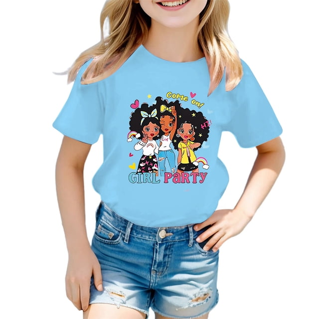 MEZZALL T-Shirt Graphique Mignon pour Filles, Col Rond, Manches Courtes, T-Shirts d'Été Décontractés, Bleu, 9-10 Ans