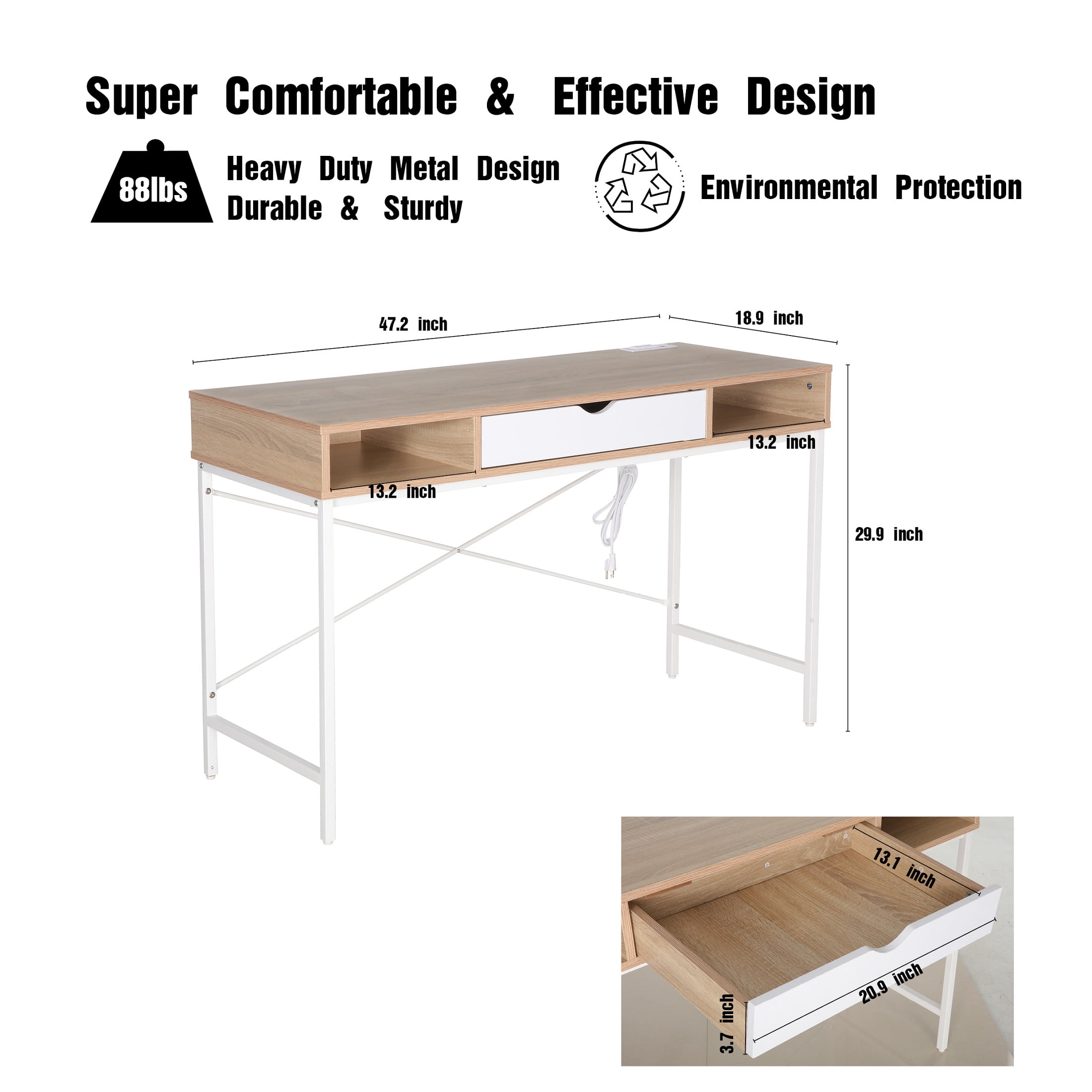 JJS 48' Writing Desk with Power Outlet, Home Office Contemporary Large Computer Desk Laptop Workstation with Drawer USB Ports Charging Station, Oak/White