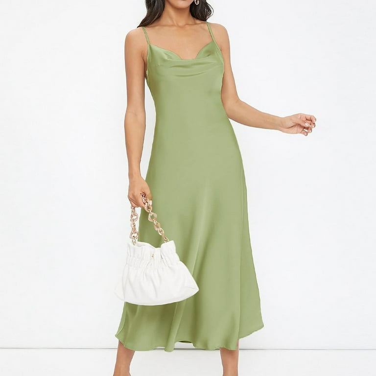 Mohiass Women's Spaghetti Strap Midi Satin Silk Dresses Slip Cowl Neck  Party Cocktail Evening Dress Light Green S - Walmart.com