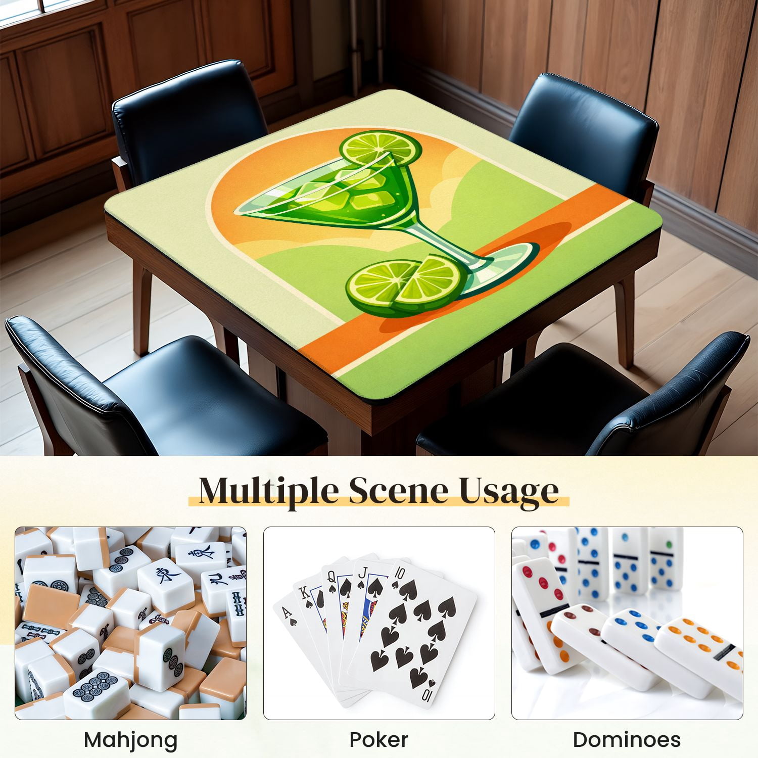 Mahjong Mat 31.5" x 31.5" Vibrant Green Cocktail Lime Slices Ice Cubes Non-Slip Noise Reduction Mahjong Tiles Table Cover for Dominoes Poker Card Board and Tile Games