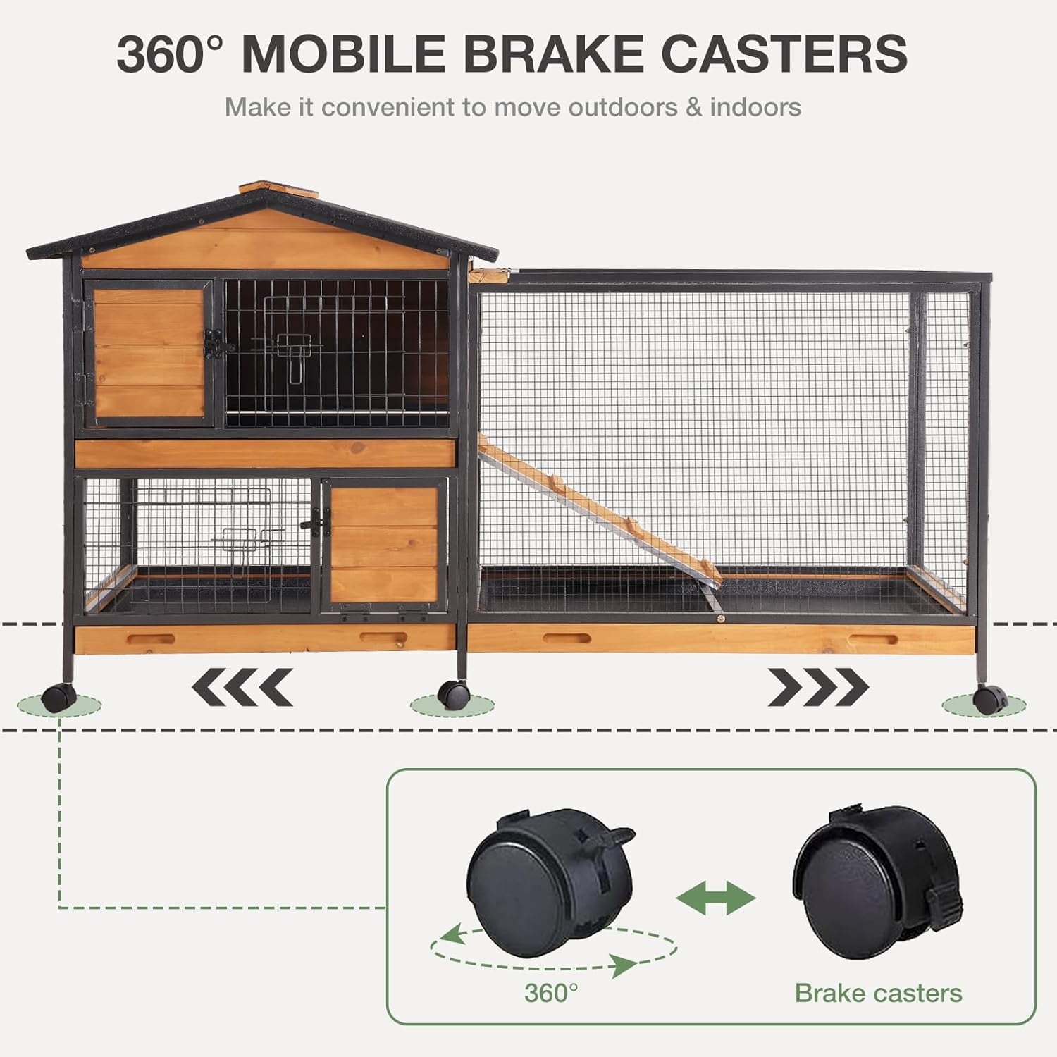 Rabbit Hutch Outdoor,Bunny Cage with Wheels and Removable Proof Tray,Weatherproof Rabbits Cage Indoor with Chew-Resistant Metal Frame