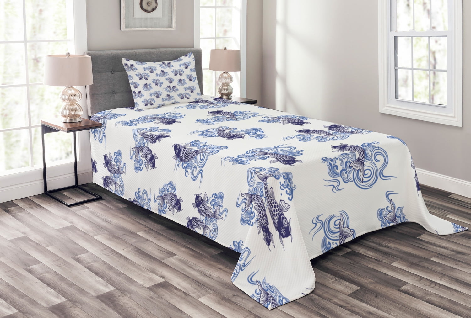 Japanese Bedspread Set Twin Size, Underwater Creature Figures as Love