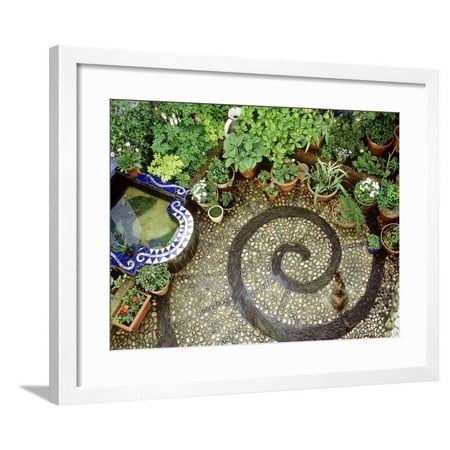 Pebble Mosaic Patio Designs Pebble Patio with Swirl Design Small Mosaic Raised Pond, Plants in Pots, Brighton Framed Print Wall Art By Jacqui Hurst ()