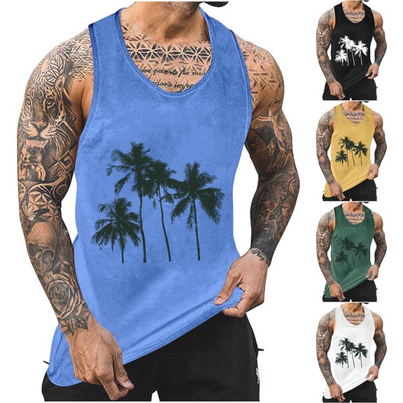Momasggi Hawaiian Tank Tops for Men Big and Tall Sleeveless Crewneck Tshirts Muscle Tees Breathable Summer Beach Vacation Tank Top Yellow 3XL