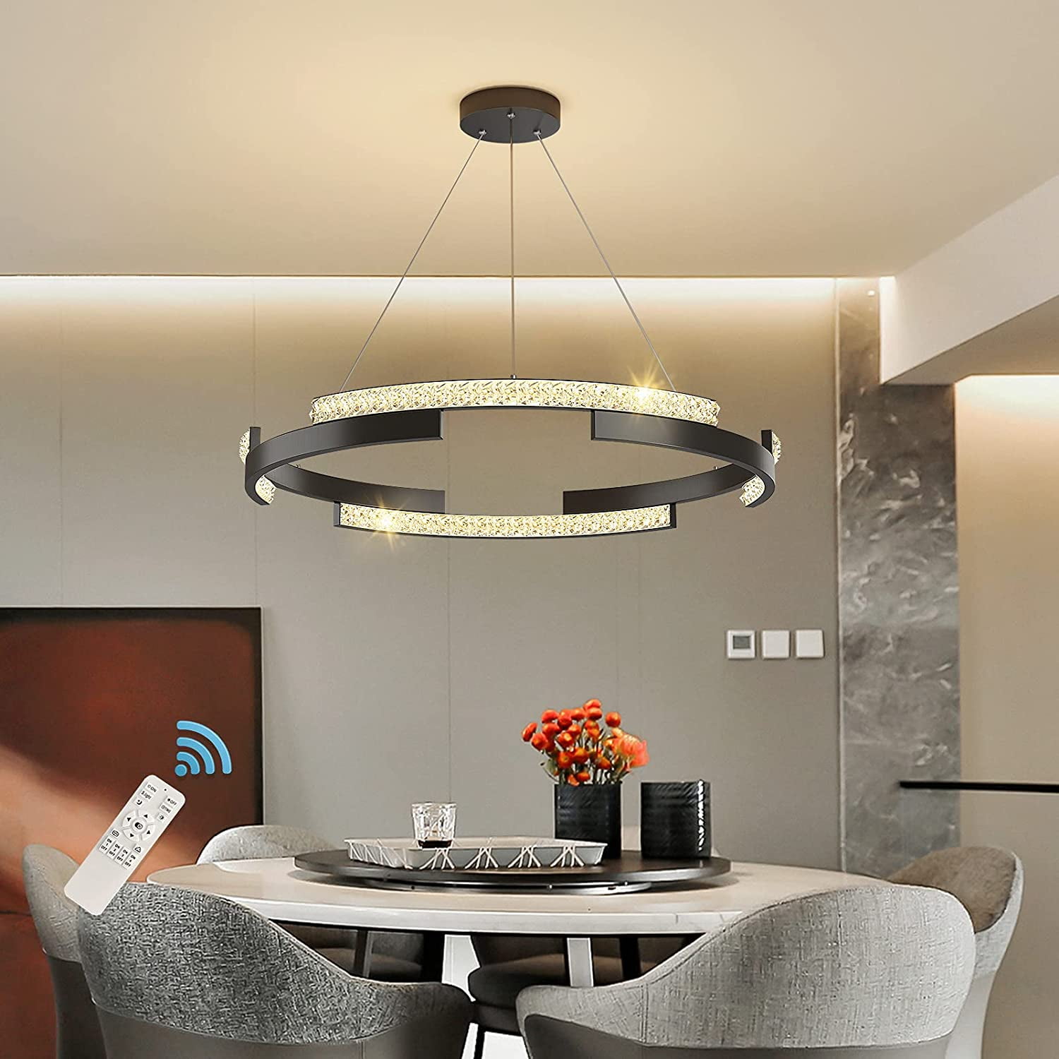 Adjustable Hanging Pendant Light Fixture for Dining Room Kitchen Island GEADI Modern LED Pendant Light Dimmable Creative LED Chandelier 47.2Linear Wave Light Fixture with Remote Control 40W Black